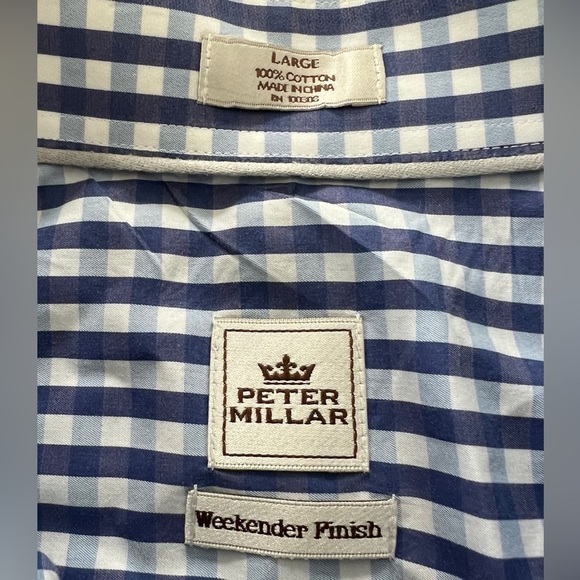 Peter Millar Dress Shirt Men's Blue Gingham Weekender Finish Button Down - Picture 3 of 6